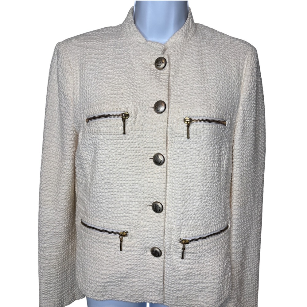 Zara Womens Cream Textured Tweed Jacket Sz L Parisian Zipper Pockets Band Collar